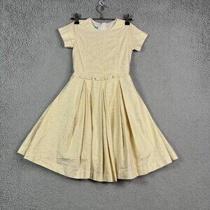 Vintage Anavini Hand Smocked Size 5 Beige Short Sleeeves Pleated Dress Midi Line